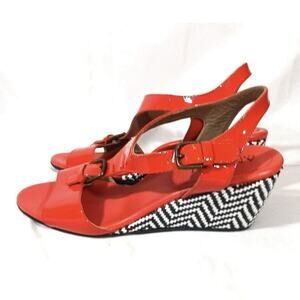 Anyi Lu Women’s Patent Leather Chevron Slingback Wedge Sandals Buckle 8.5